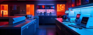 a sleek, modern laboratory setting showcases a high-tech blood testing apparatus with vibrant displays indicating mcv levels, illuminated by focused, bright lighting that enhances the clinical atmosphere.